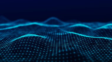 Fütürist dijital dalga. Karanlık siber uzay. Noktalı ve çizgili soyut dalga. Mavi arka planda beyaz hareketli parçacıklar. 3d oluşturma.