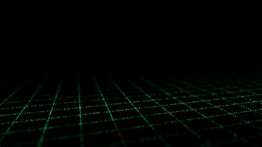 Teknoloji kablo çerçevesi. Perspektif şebekesi. Dijital uzay. Siyah arka planda yeşil ağ. 3d oluşturma.