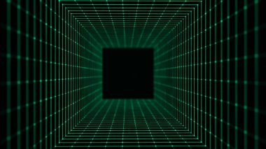 Soyut kablo şeması tüneli. Yeşil solucan deliği. Üç boyutlu portal ızgarası. Fantezi kare huni. 3d oluşturma.