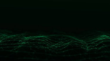 Parçacıkların soyut teknoloji dalgası. Büyük veri görselleştirmesi. Hareket noktaları ve çizgileri olan karanlık bir arkaplan. Yapay zeka. 3d oluşturma.