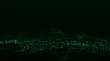 Parçacıkların soyut teknoloji dalgası. Büyük veri görselleştirmesi. Hareket noktaları ve çizgileri olan karanlık bir arkaplan. Yapay zeka. 3d oluşturma.