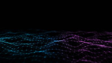 Gelecekçi teknoloji dalgası. Dijital siber uzay. Renk arkaplan üzerinde hareket eden parçacıkların olduğu soyut dalga. Büyük veri analizleri. 3d oluşturma.