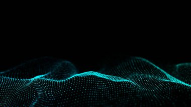 Gelecekçi teknoloji dalgası. Dijital siber uzay. Renk arkaplan üzerinde hareket eden parçacıkların olduğu soyut dalga. Büyük veri analizleri. 3d oluşturma.