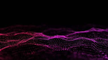 Gelecekçi teknoloji dalgası. Dijital siber uzay. Renk arkaplan üzerinde hareket eden parçacıkların olduğu soyut dalga. Büyük veri analizleri. 3d oluşturma.