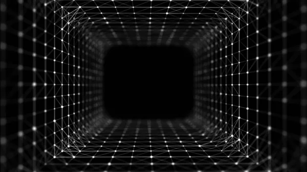 摘要线框隧道 蓝色虫洞 3D门户网格 未来派幻想广场漏斗 3D渲染 — 图库照片