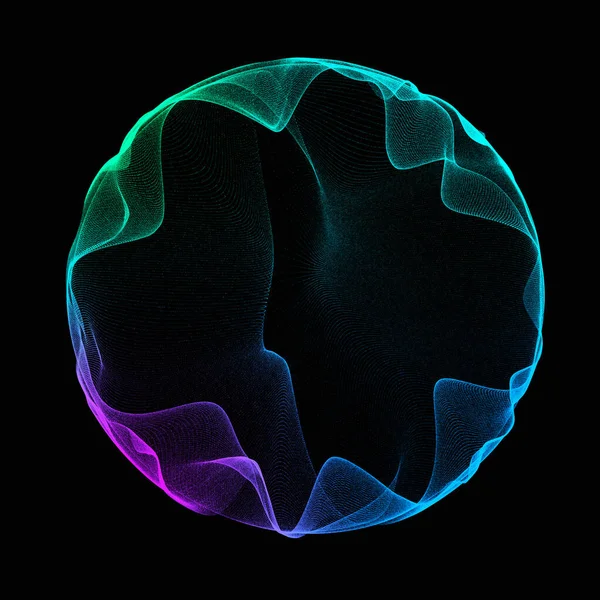 Parçacıklardan ve çizgilerden oluşan fütürist renkli bir küre. Ağ bağlantısı büyük veri. Soyut teknoloji geçmişi. 3d oluşturma.