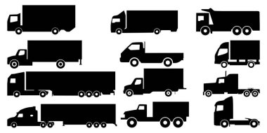 Beyaz arka planda farklı detaylandırılmış kamyonların ikonu. Ulaşım için vektör illüstrasyonuName.