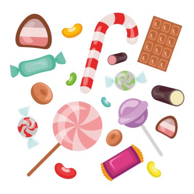 Beyaz arkaplanda farklı renkte şekerler var. Çizgi film tarzında tatiller için lolipopların ve çikolataların vektör çizimi.