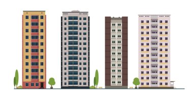 Beyaz arka planda farklı biçimlerde çok katlı binalar. Şehrin ağaç ve bankları düz stile sahip vektör konutları.