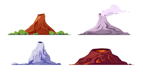 一组色彩斑斓的火山背景呈白色 形式各异 带竖琴顶部 峡谷和陡坡的卡通式标志的当前和非当前火山的矢量图解 — 图库矢量图片