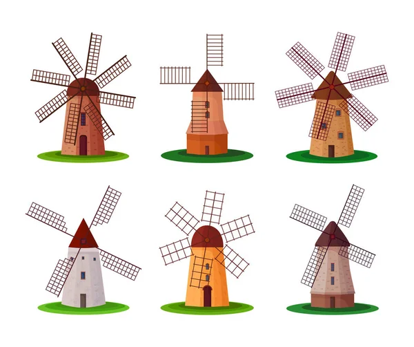 Set Van Verschillende Soorten Oude Windmolens Witte Achtergrond Vector Cvintage — Stockvector