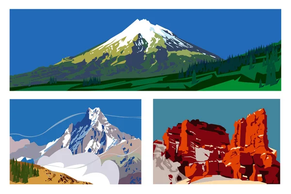 산들의 배열은 포미와 풍경을 가진다 만화에서 가파른 경사지가 로고를 — 스톡 벡터