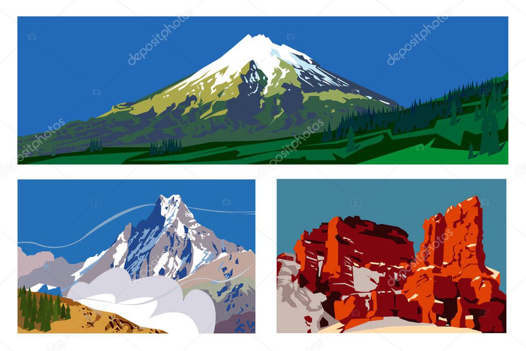 Set of compositions colored mountains different formy and landscape. Vector illustration of mountains for logo with harp tops, gorges and steep slopes in cartoon style.