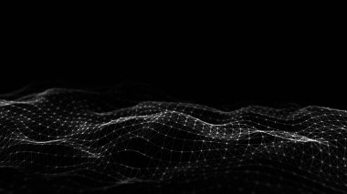 Fütürist dijital dalga. Karanlık siber uzay. Noktalı soyut dalga. Siyah zemin üzerinde beyaz hareketli parçacıklar. 3d oluşturma.