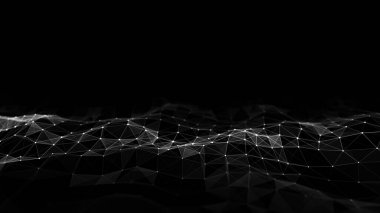 Fütürist dijital dalga. Karanlık siber uzay. Noktalı ve çizgili soyut dalga. Siyah zemin üzerinde beyaz hareketli parçacıklar. 3d oluşturma.