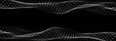 Geleceğin çift altıgen dalgası. Karanlık siber uzay. Noktalı ve çizgili soyut dalga. Siyah zemin üzerinde beyaz hareketli parçacıklar. 3d oluşturma.