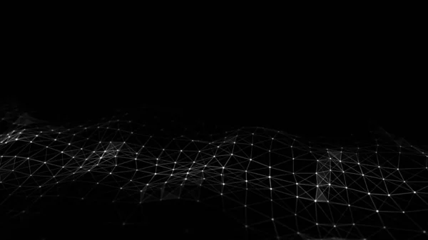 未来主义数字波 黑暗网络空间 带圆点和线条的文摘波 黑色背景上的白色运动粒子 3D渲染 — 图库照片