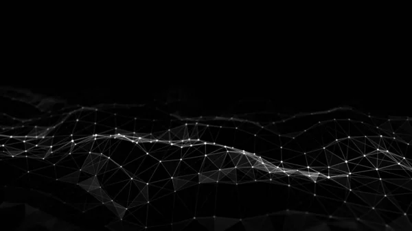 未来主义数字波 黑暗网络空间 带圆点和线条的文摘波 黑色背景上的白色运动粒子 3D渲染 — 图库照片