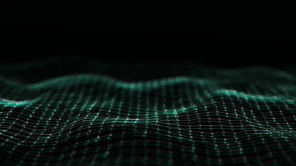 未来主义数字波 黑暗的漏洞网络空间 带圆点和线条的文摘波 绿色背景上的白色运动粒子 3D渲染 — 图库照片