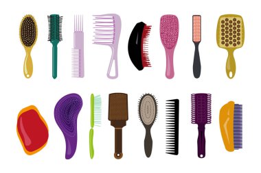 Beyaz arka planda varisli taraklar. Çizgi film tarzında saç stili, aksesuar, stilist ve güzellik salonu araçları için vektör illüstrasyon profesyonel fırçalar.