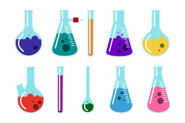 Beyaz zemin üzerinde renkli sıvı bulunan laboratuvar cam seti. Vektör illüstrasyonu farklı mataralar, yakıcılar ve beherler karikatür tarzında kimyasallarla.
