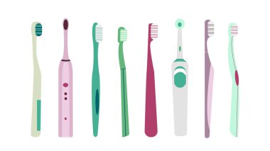 Beyaz arka planda renkli diş fırçaları. Vektör illüstrasyon diş hijyeni, düz stil oral bakım..