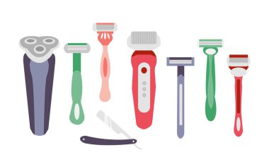 Beyaz arka planda renkli jilet seti. Düz stil erkek ve kadınlar için vektör illüstrasyon hijyeni.