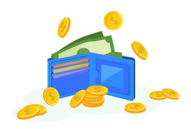 Beyaz arka planda parası olan güzel mavi cüzdan. Yatırımlı vektör cüzdanı, bozuk paralar, dolar ve karikatür tarzında banka kartları..