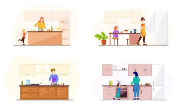 Beyaz arka planda farklı mutfaklar var. Kadın, erkek ve çocukların çizgi film tarzında yemek pişirmelerinin vektör çizimi.