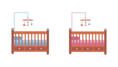 Beyaz arka planda mavi ve pembe bebek beşiği seti. Çizgi film tarzında kızlar ve oğlanlar için vektör illüstrasyon beşikleri.