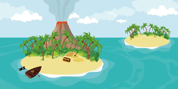 美丽的夏季海盗岛 有椰子树 喷发的火山 船和宝箱 卡通画风格的海滩岛屿景观矢量图解 — 图库矢量图片