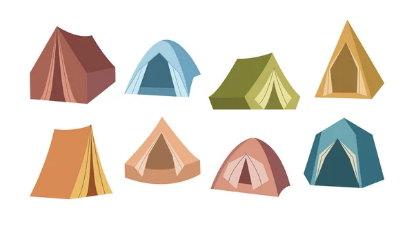 Set of colorful tourist tents on white background. Vector illustration camping shelters for hiking, mountaineering, adventure travel, recreation in cartoon style.