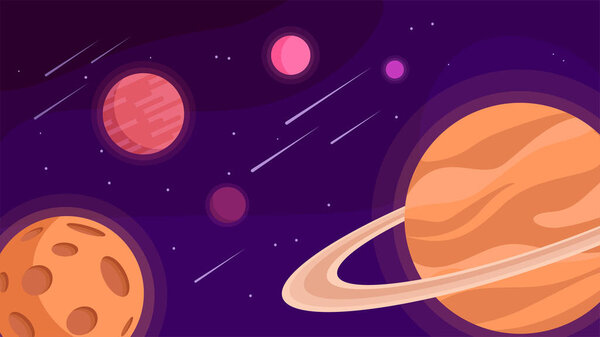 Space galaxy with planets, asteroids and stars on purple background. Vector illustration of trips on big universe in cartoon style.