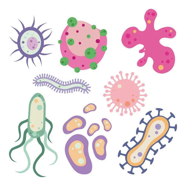 白を背景に様々な形やタイプの美しい微生物のセット かわいいと美しい細菌 細菌やウイルスのベクターイラスト漫画スタイル — ストックベクタ