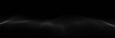 Fütürist dijital dalga. Karanlık siber uzay. Noktalı soyut vektör dalgası. Siyah arkaplan üzerinde beyaz parçacıklar.