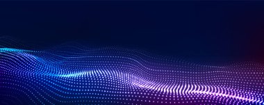 Gelecekçi teknoloji dalgası. Dijital siber uzay. Siyah zemin üzerinde hareket eden parçacıkların olduğu soyut dalga. Büyük veri analizleri.