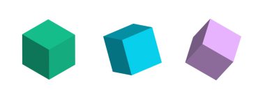 Farklı taraflardan gelen renkli küpler. Vektör soyut geometrik üç boyutlu nesneler. Teknoloji engelleme zinciri ağı bağlantısı. Geometrik şekiller.