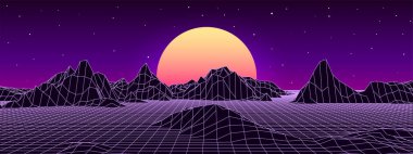 80 'lerin geçmişe dönük harika geçmişi. Gece gökyüzü ve günbatımına sahip vektör dağ teli manzarası. Geleceğin mavi neon manzarası.