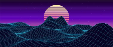 80 'lerin geçmişe dönük harika geçmişi. Gece gökyüzü ve günbatımına sahip vektör dağ teli manzarası. Geleceğin mavi neon manzarası.