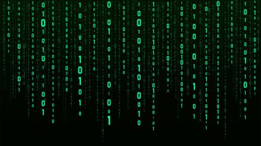 Teknoloji ikili kodu. Rastgele düşen yeşil parmaklar ekranda. Hacklenmiş yazılım. Matris bilimi geçmişi. Büyük veri analizleri.