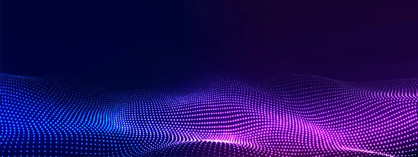 Gelecekçi teknoloji dalgası. Dijital siber uzay. Siyah zemin üzerinde hareket eden parçacıkların olduğu soyut dalga. Büyük veri analizleri.