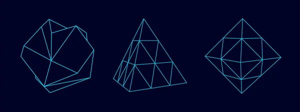 一组从不同侧面扭曲的线框球 金字塔和立方体 矢量抽象几何三维物体 技术区块链网络连接 大数据可视化 — 图库矢量图片