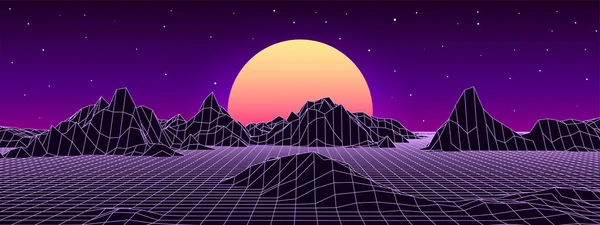 80 'lerin geçmişe dönük harika geçmişi. Gece gökyüzü ve günbatımına sahip vektör dağ teli manzarası. Geleceğin mavi neon manzarası.