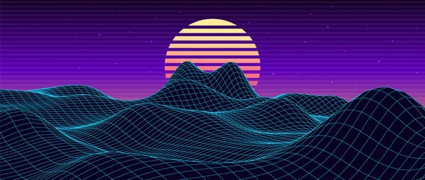 80 'lerin geçmişe dönük harika geçmişi. Gece gökyüzü ve günbatımına sahip vektör dağ teli manzarası. Geleceğin mavi neon manzarası.