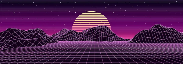 80 'lerin geçmişe dönük harika geçmişi. Gece gökyüzü ve günbatımına sahip vektör dağ teli manzarası. Geleceğin mavi neon manzarası.