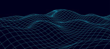 Soyut vektör, teknolojinin telgraf dalgasını bozdu. Eğri yüzey arka planı. Hareket noktaları ve çizgileri olan karanlık bir arkaplan. Mavi ağ dalgası.