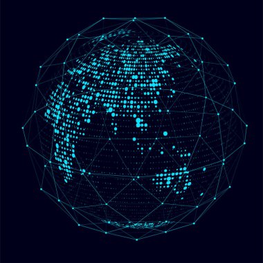 Parçacıkları ve çizgileri olan sanal gezegen Dünya. Ağ bağlantısı büyük veri. Vektör teknolojisi mavi arkaplan.