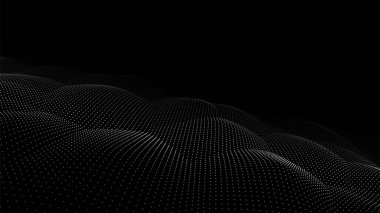 Fütürist dijital dalga. Karanlık siber uzay. Noktalı ve çizgili vektör dalgası. Siyah arkaplan üzerinde beyaz parçacıklar.