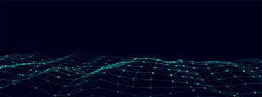 Parçacıkların soyut teknoloji dalgası. Büyük veri görselleştirmesi. Hareket noktaları ve çizgileri olan vektör koyu arkaplan. Yapay zeka.