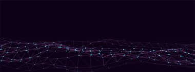 Parçacıkların soyut teknoloji dalgası. Büyük veri görselleştirmesi. Hareket noktaları ve çizgileri olan vektör koyu arkaplan. Yapay zeka.